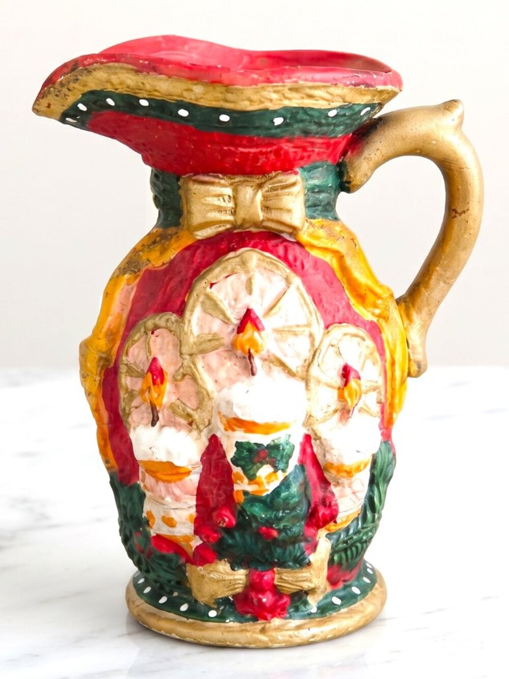 Vintage Christmas Holiday Pitcher Vase Candle Lantern Relief Ceramic Decor